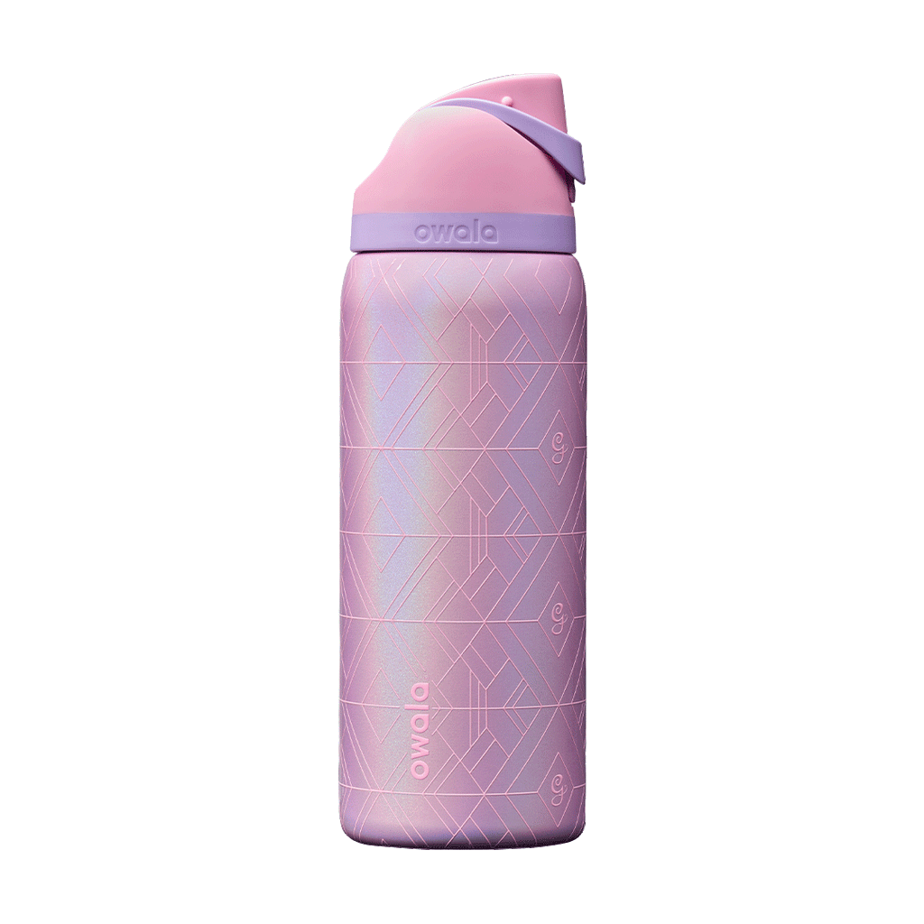 Rotating view of Wicked Glinda edition FreeSip bottle; shimmery iridescent lavender-pink body with geometric diamond-pattern texture, pink flip cap, and lavender carry loop